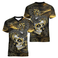Mexico Quetzalcoatl Aztec Calendar Women V-Neck T-Shirt Black Gold Tribal Warrior Art