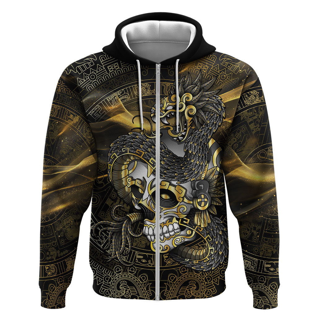 Mexico Quetzalcoatl Aztec Calendar Zip Hoodie Black Gold Tribal Warrior Art