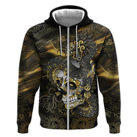 Mexico Quetzalcoatl Aztec Calendar Zip Hoodie Black Gold Tribal Warrior Art