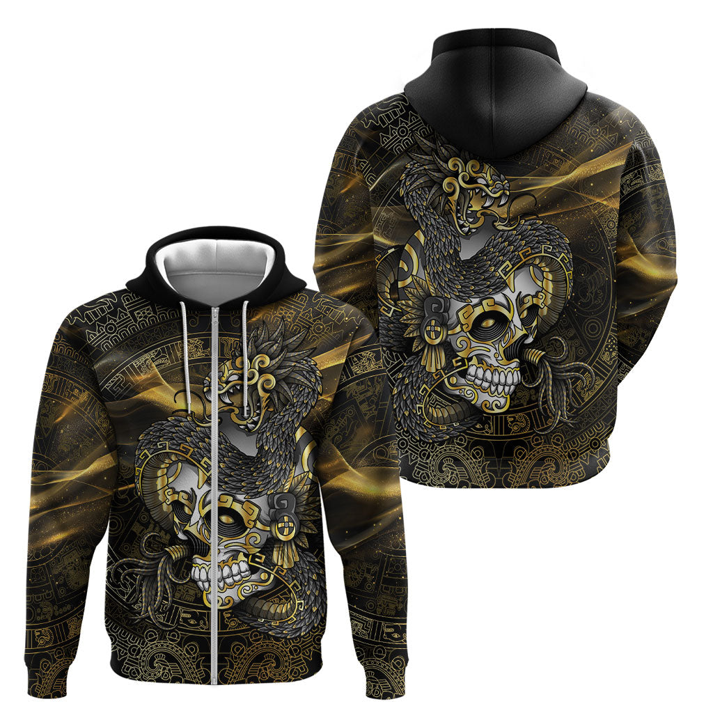 Mexico Quetzalcoatl Aztec Calendar Zip Hoodie Black Gold Tribal Warrior Art