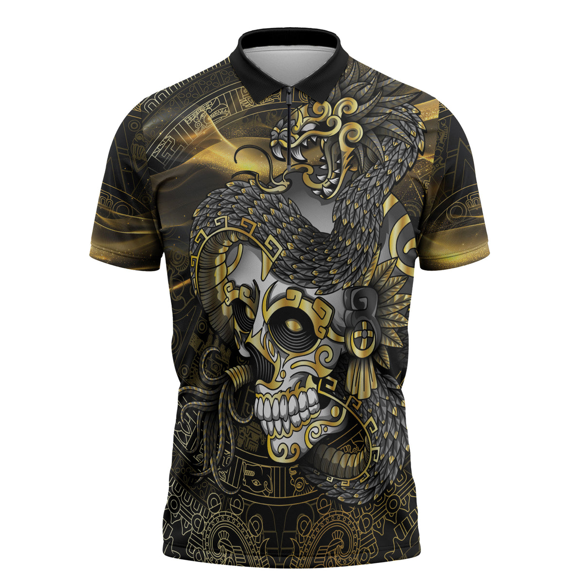 Mexico Quetzalcoatl Aztec Calendar Zipper Polo Shirt Black Gold Tribal Warrior Art