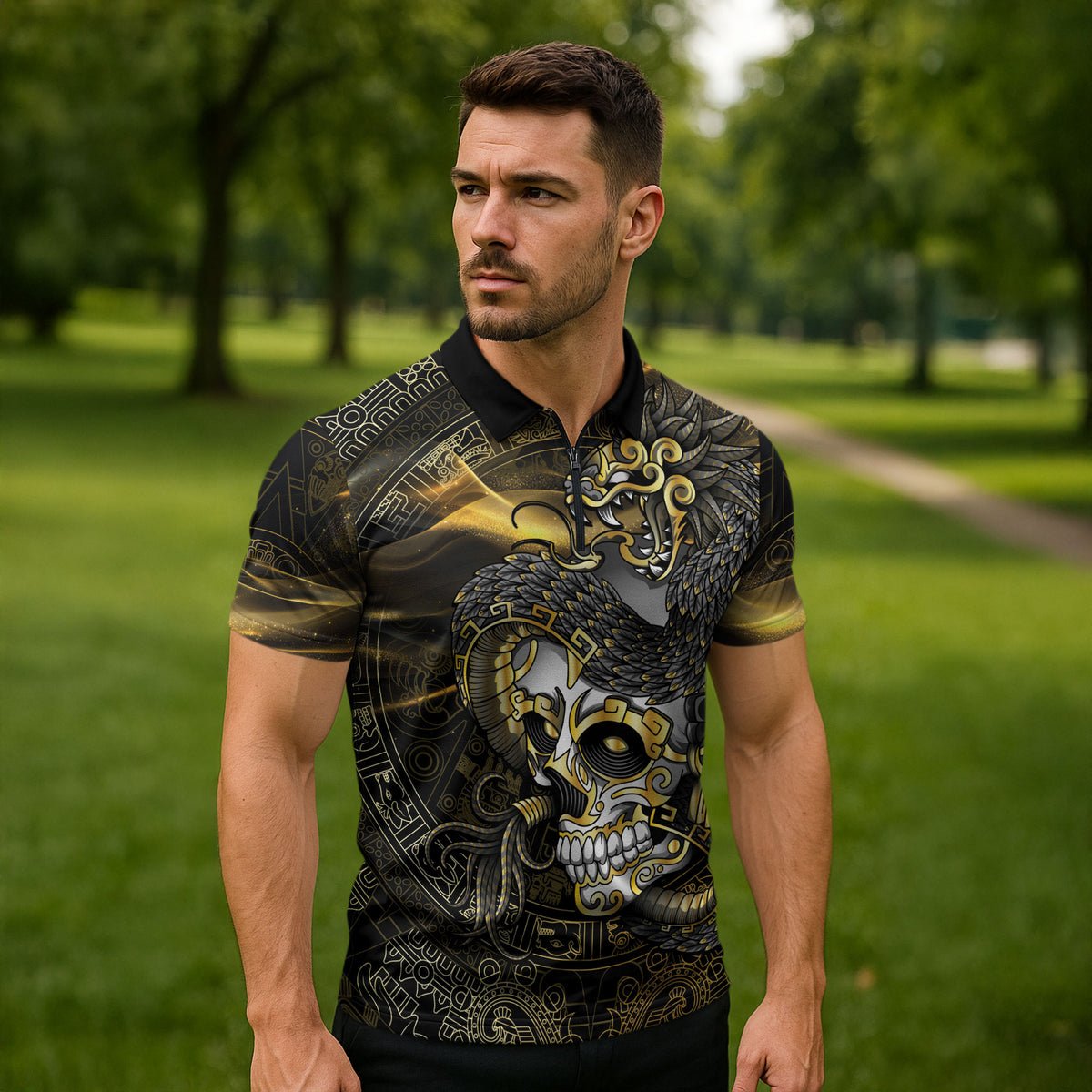Mexico Quetzalcoatl Aztec Calendar Zipper Polo Shirt Black Gold Tribal Warrior Art
