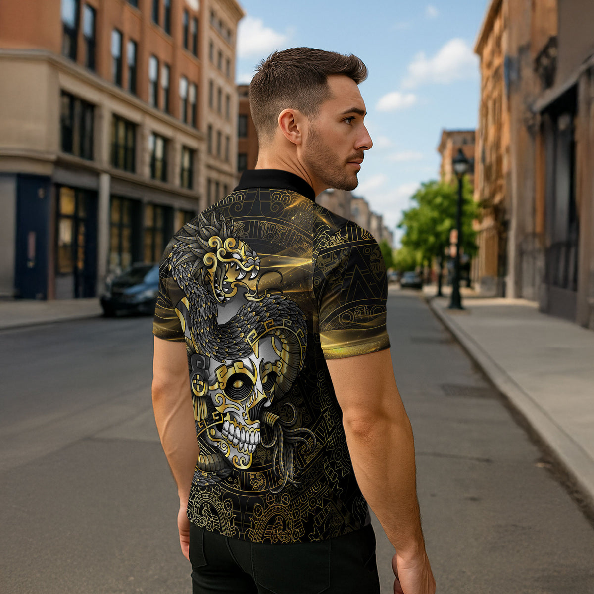 Mexico Quetzalcoatl Aztec Calendar Zipper Polo Shirt Black Gold Tribal Warrior Art