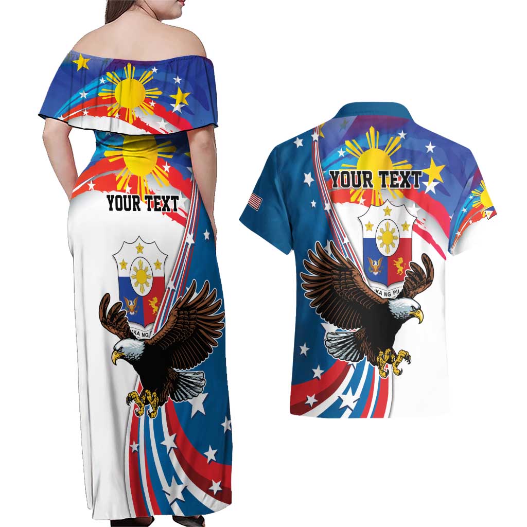 Personalized Filipino-American Couples Matching Off Shoulder Maxi Dress and Hawaiian Shirt The Eight-Rayed Sun with Bald Eagle LT9 - Wonder Print Shop