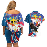 Personalized Filipino-American Couples Matching Off Shoulder Short Dress and Hawaiian Shirt The Eight-Rayed Sun with Bald Eagle LT9 - Wonder Print Shop