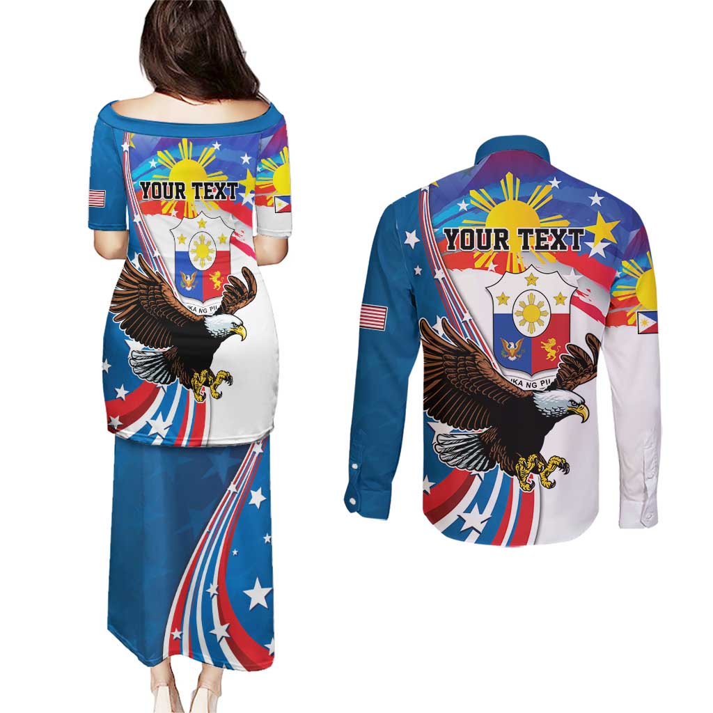 Personalized Filipino-American Couples Matching Puletasi and Long Sleeve Button Shirt The Eight-Rayed Sun with Bald Eagle LT9 - Wonder Print Shop