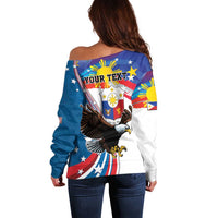 Personalized Filipino-American Off Shoulder Sweater The Eight-Rayed Sun with Bald Eagle - Wonder Print Shop