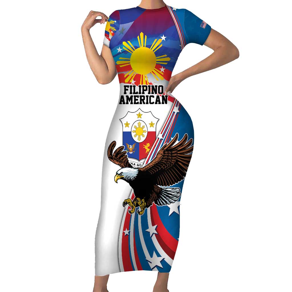 Personalized Filipino-American Short Sleeve Bodycon Dress The Eight-Rayed Sun with Bald Eagle - Wonder Print Shop
