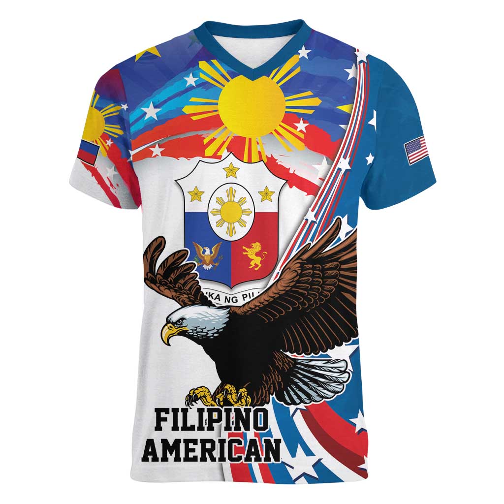 Personalized Filipino-American Women V-Neck T-Shirt The Eight-Rayed Sun with Bald Eagle - Wonder Print Shop