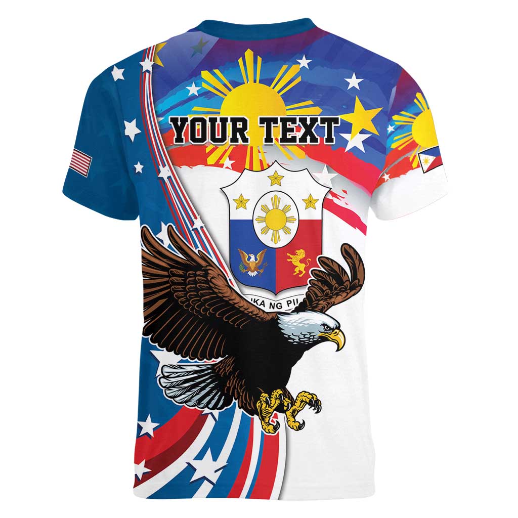 Personalized Filipino-American Women V-Neck T-Shirt The Eight-Rayed Sun with Bald Eagle - Wonder Print Shop