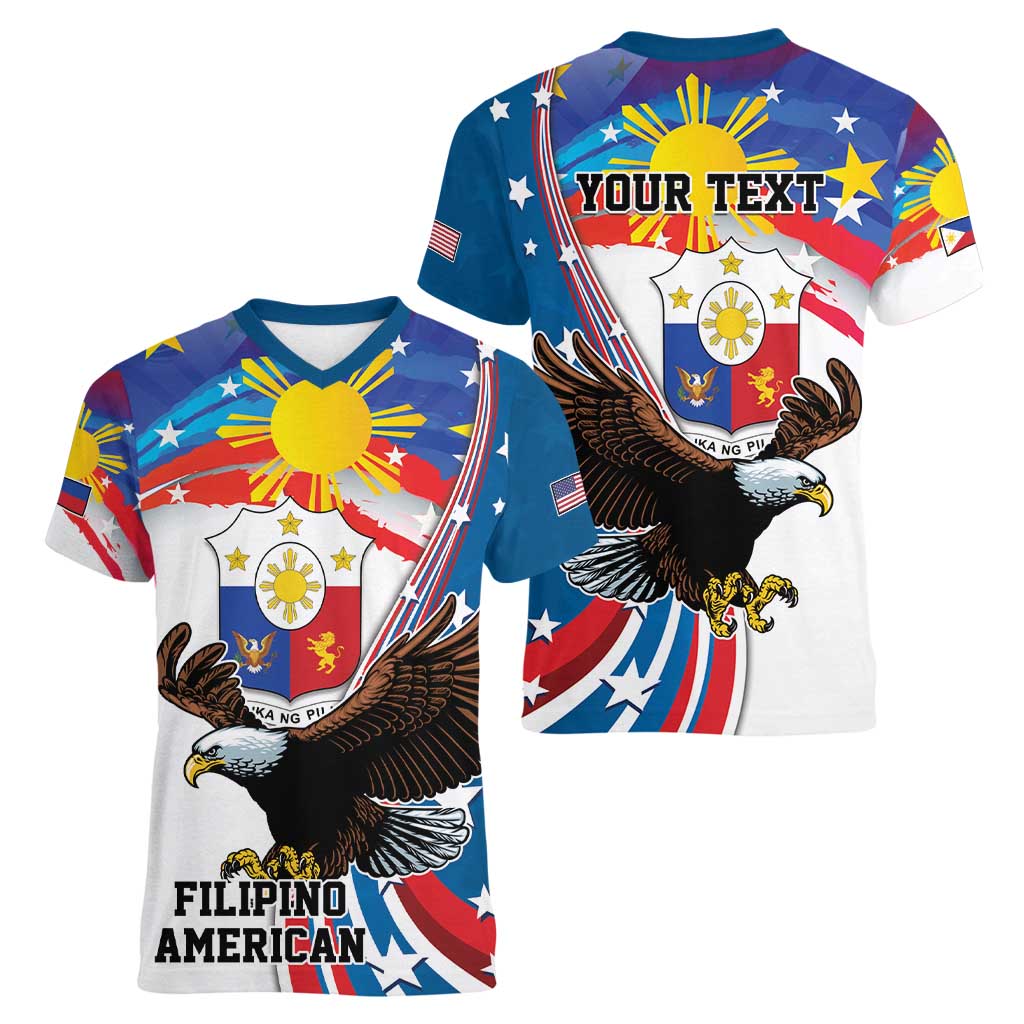 Personalized Filipino-American Women V-Neck T-Shirt The Eight-Rayed Sun with Bald Eagle - Wonder Print Shop