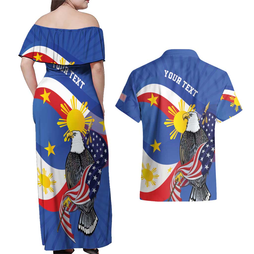 Personalized Filipino-American Couples Matching Off Shoulder Maxi Dress and Hawaiian Shirt Philippines Coat Of Arms with Bald Eagle LT9 - Wonder Print Shop