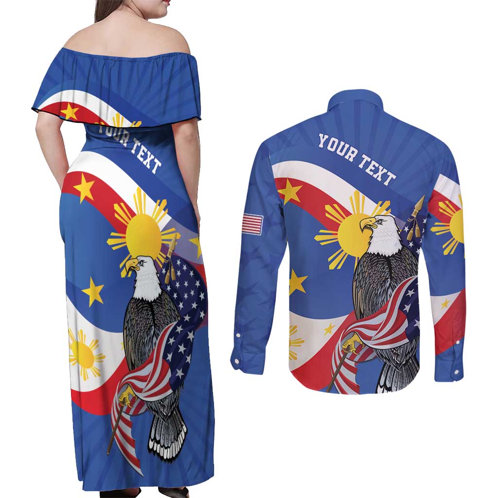 Personalized Filipino-American Couples Matching Off Shoulder Maxi Dress and Long Sleeve Button Shirt Philippines Coat Of Arms with Bald Eagle LT9 - Wonder Print Shop