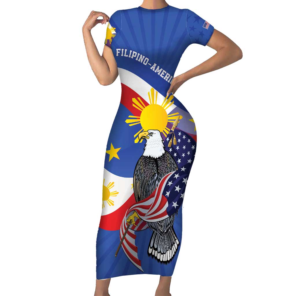 Personalized Filipino-American Short Sleeve Bodycon Dress Philippines Coat Of Arms with Bald Eagle - Wonder Print Shop
