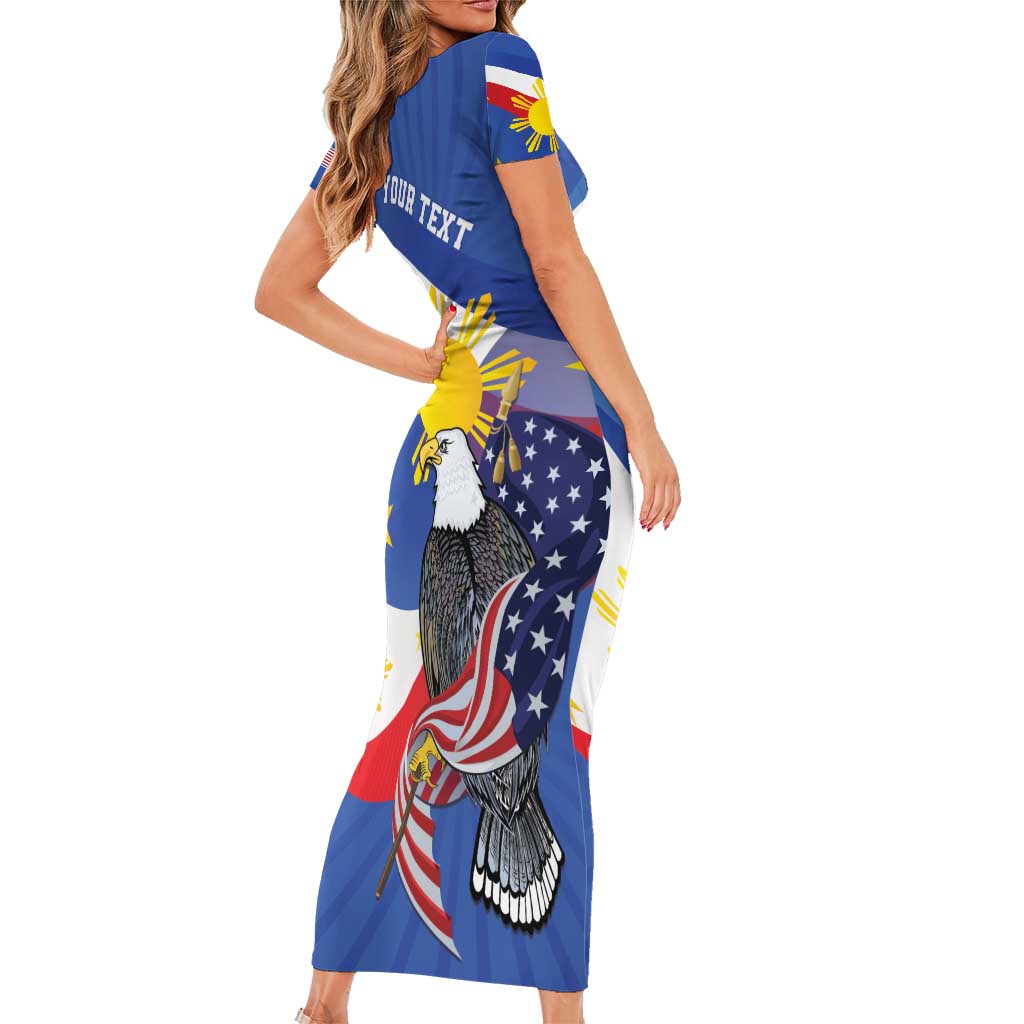 Personalized Filipino-American Short Sleeve Bodycon Dress Philippines Coat Of Arms with Bald Eagle - Wonder Print Shop