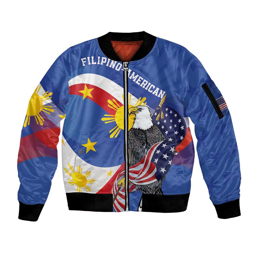 Personalized Filipino-American Sleeve Zip Bomber Jacket Philippines Coat Of Arms with Bald Eagle - Wonder Print Shop