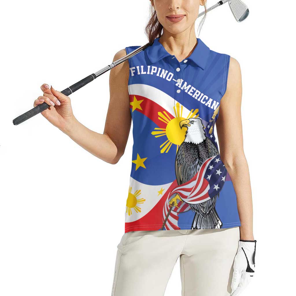 Personalized Filipino-American Women Sleeveless Polo Shirt Philippines Coat Of Arms with Bald Eagle - Wonder Print Shop