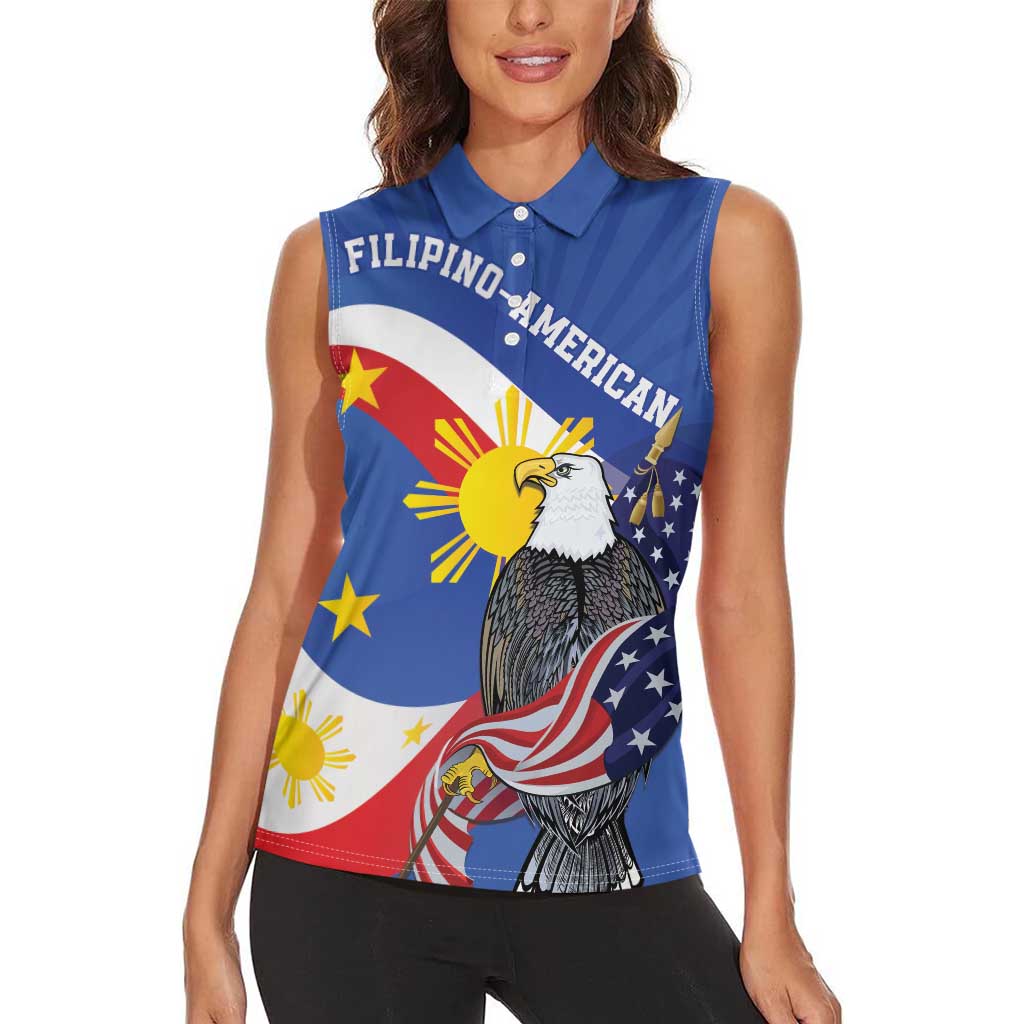 Personalized Filipino-American Women Sleeveless Polo Shirt Philippines Coat Of Arms with Bald Eagle - Wonder Print Shop
