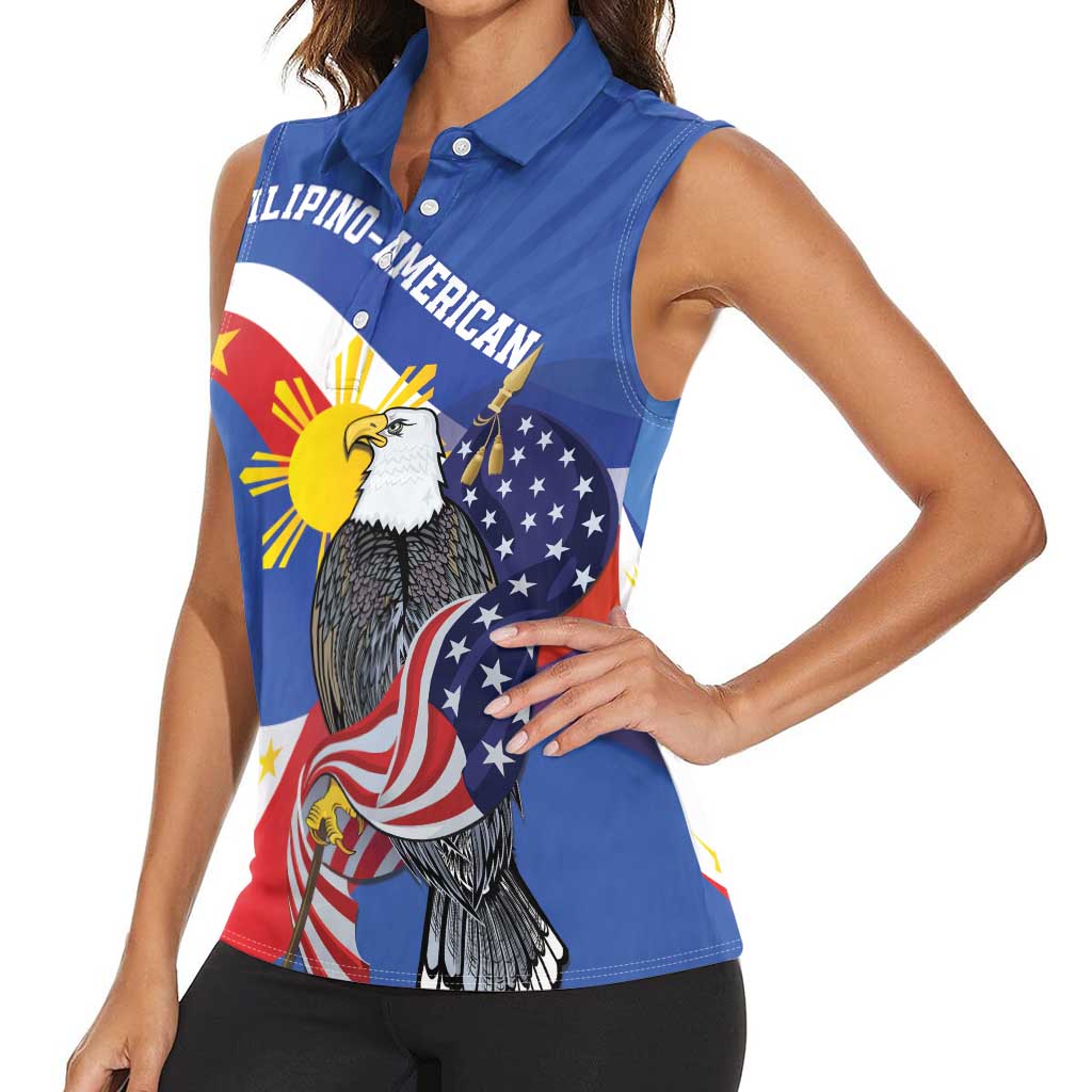 Personalized Filipino-American Women Sleeveless Polo Shirt Philippines Coat Of Arms with Bald Eagle - Wonder Print Shop