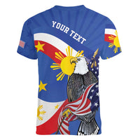 Personalized Filipino-American Women V-Neck T-Shirt Philippines Coat Of Arms with Bald Eagle - Wonder Print Shop