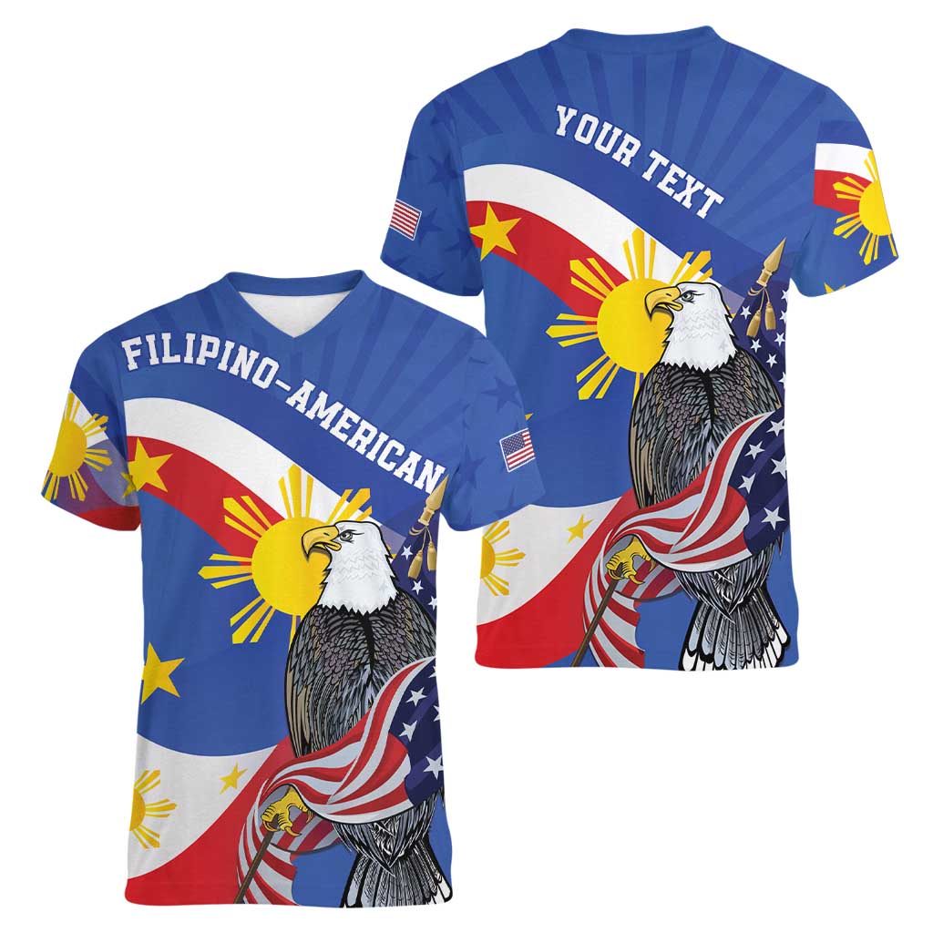 Personalized Filipino-American Women V-Neck T-Shirt Philippines Coat Of Arms with Bald Eagle - Wonder Print Shop