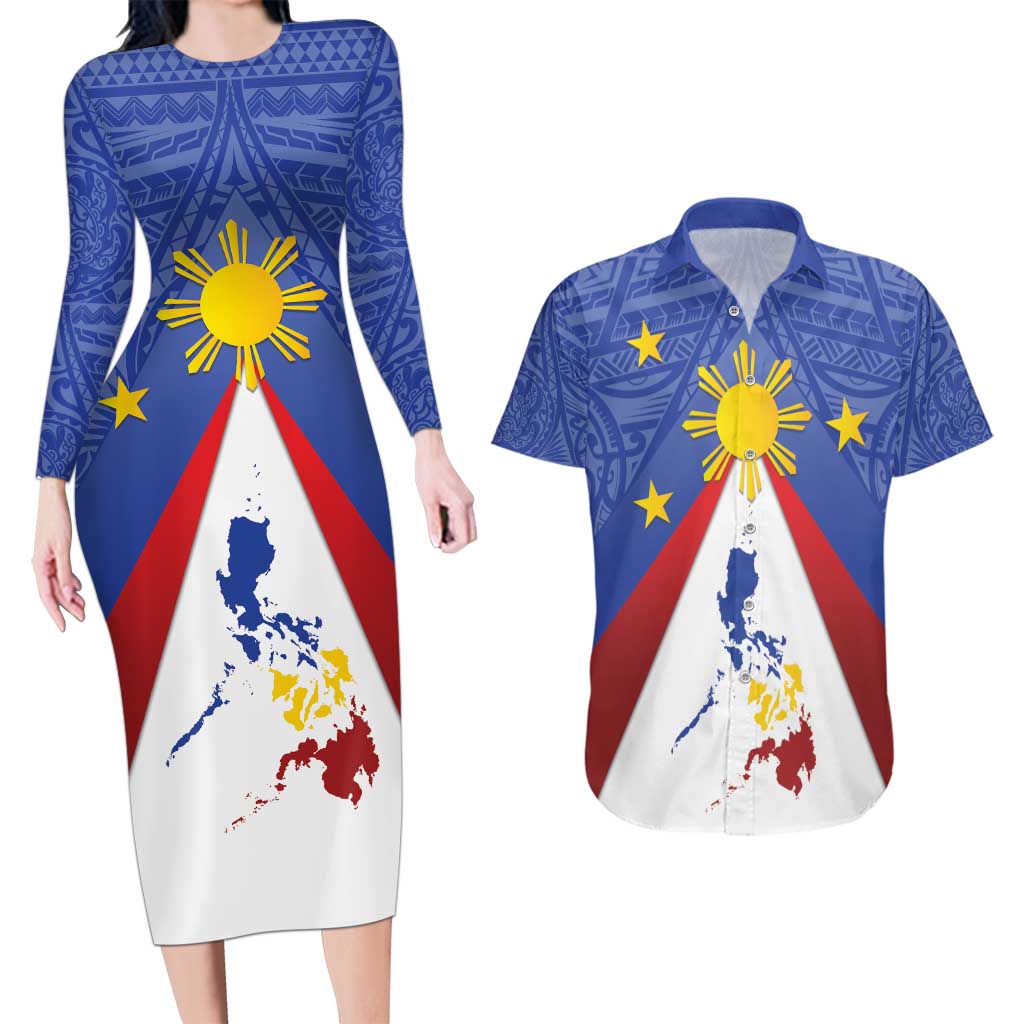 Personalized Pilipinas Eight-Rayed Sun Couples Matching Long Sleeve Bodycon Dress and Hawaiian Shirt Philippines Map With Polynesian Style LT9 - Wonder Print Shop