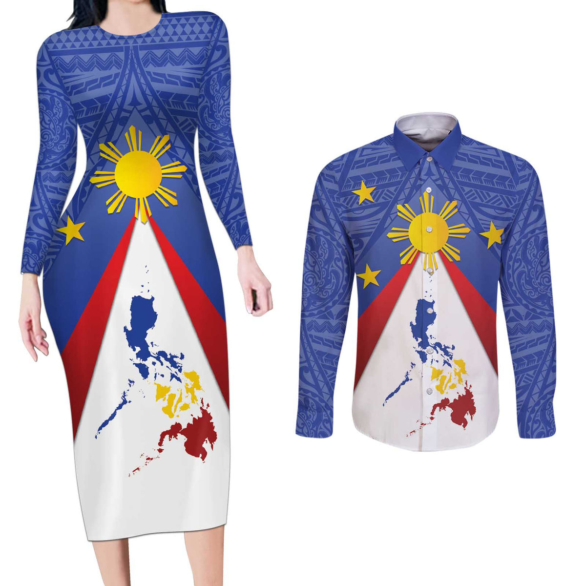 Personalized Pilipinas Eight-Rayed Sun Couples Matching Long Sleeve Bodycon Dress and Long Sleeve Button Shirt Philippines Map With Polynesian Style LT9 - Wonder Print Shop