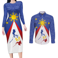 Personalized Pilipinas Eight-Rayed Sun Couples Matching Long Sleeve Bodycon Dress and Long Sleeve Button Shirt Philippines Map With Polynesian Style LT9 - Wonder Print Shop
