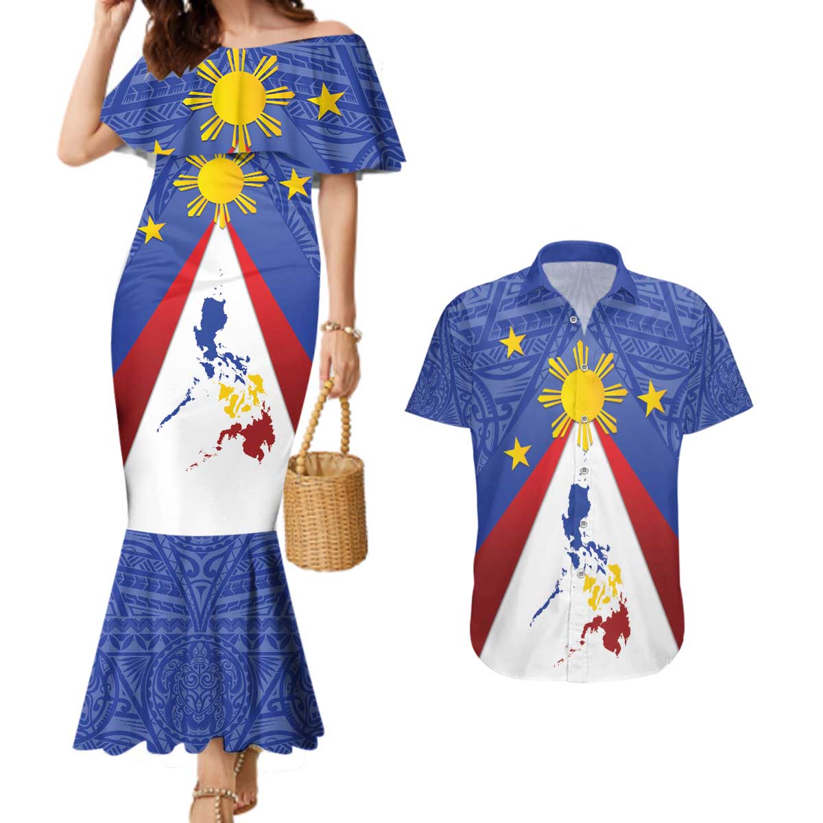 Personalized Pilipinas Eight-Rayed Sun Couples Matching Mermaid Dress and Hawaiian Shirt Philippines Map With Polynesian Style LT9 - Wonder Print Shop