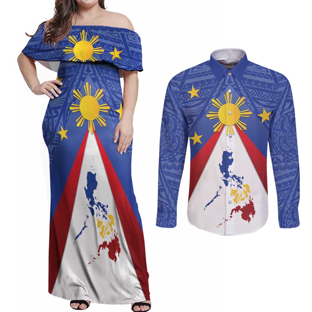 Personalized Pilipinas Eight-Rayed Sun Couples Matching Off Shoulder Maxi Dress and Long Sleeve Button Shirt Philippines Map With Polynesian Style LT9 - Wonder Print Shop