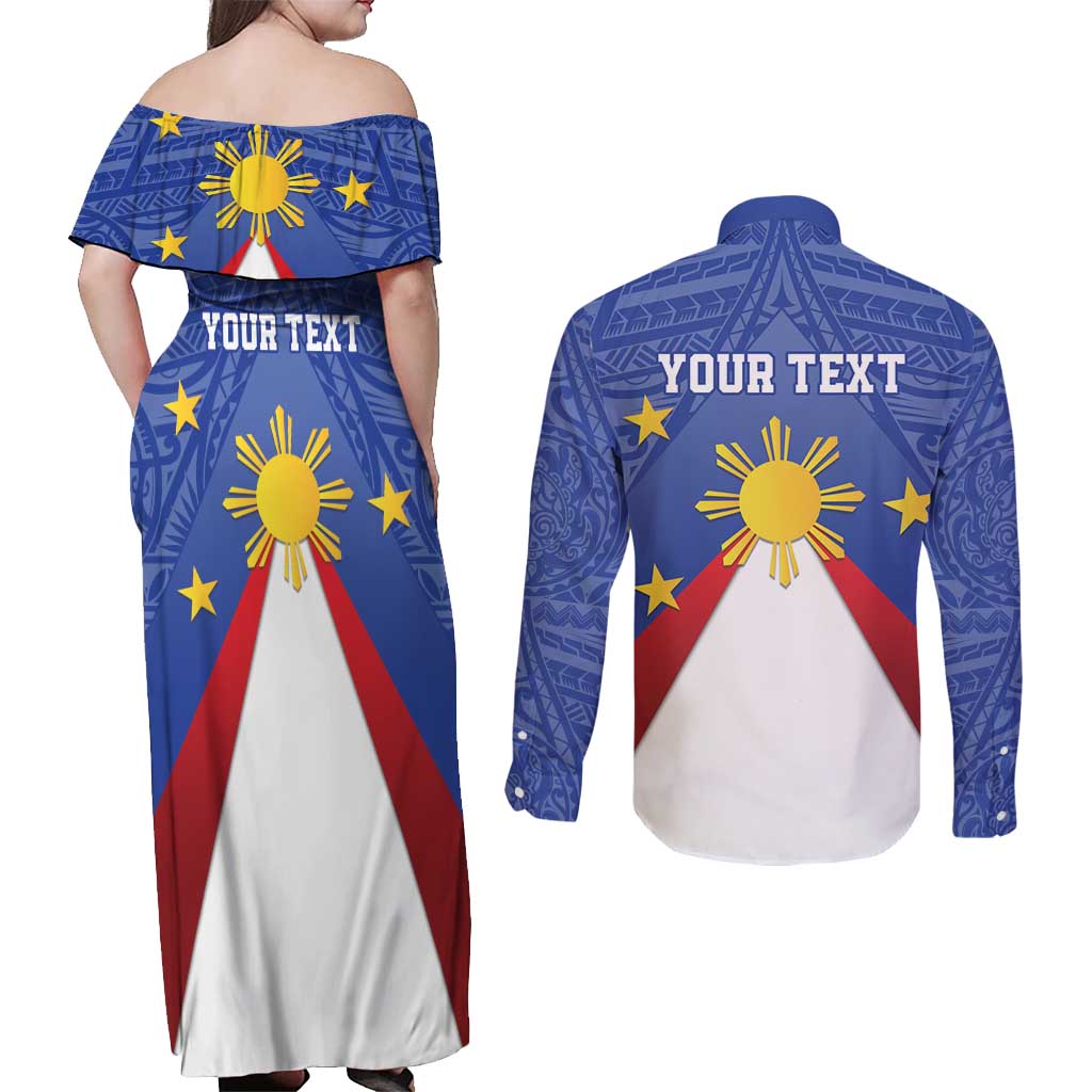 Personalized Pilipinas Eight-Rayed Sun Couples Matching Off Shoulder Maxi Dress and Long Sleeve Button Shirt Philippines Map With Polynesian Style LT9 - Wonder Print Shop