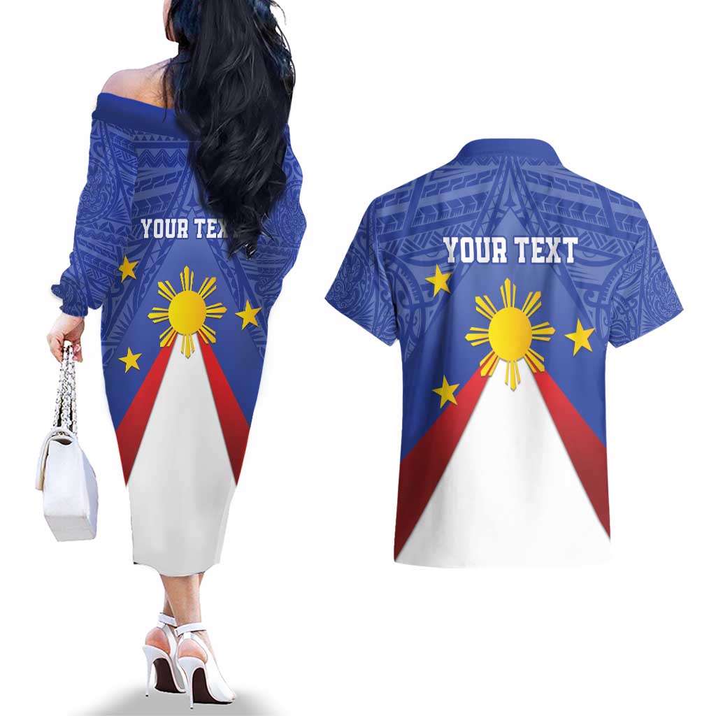 Personalized Pilipinas Eight-Rayed Sun Couples Matching Off The Shoulder Long Sleeve Dress and Hawaiian Shirt Philippines Map With Polynesian Style LT9 - Wonder Print Shop