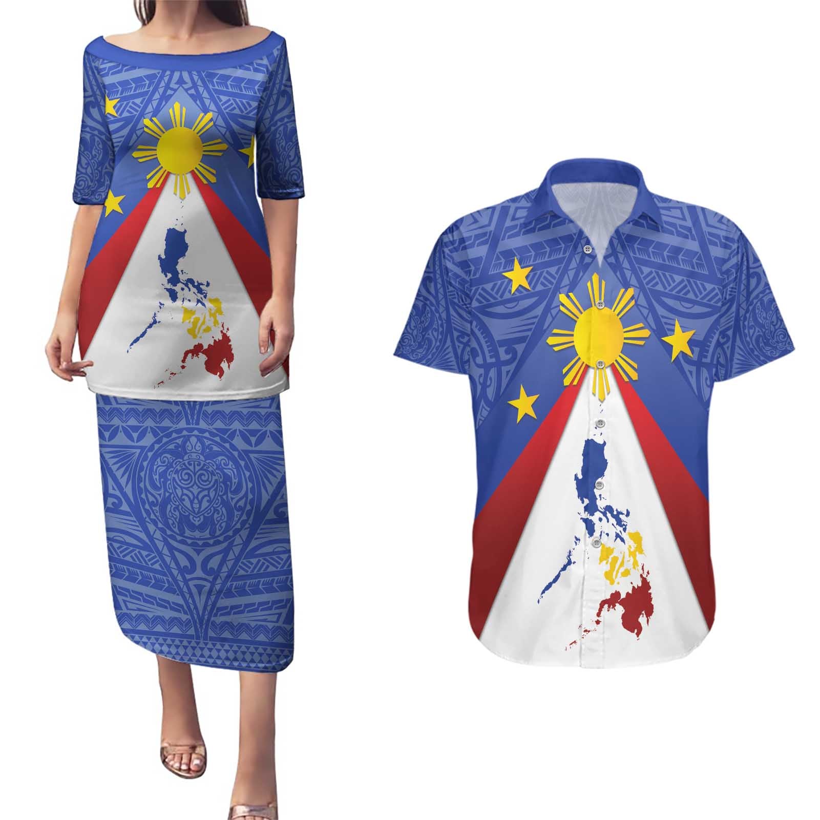 Personalized Pilipinas Eight-Rayed Sun Couples Matching Puletasi and Hawaiian Shirt Philippines Map With Polynesian Style LT9 - Wonder Print Shop