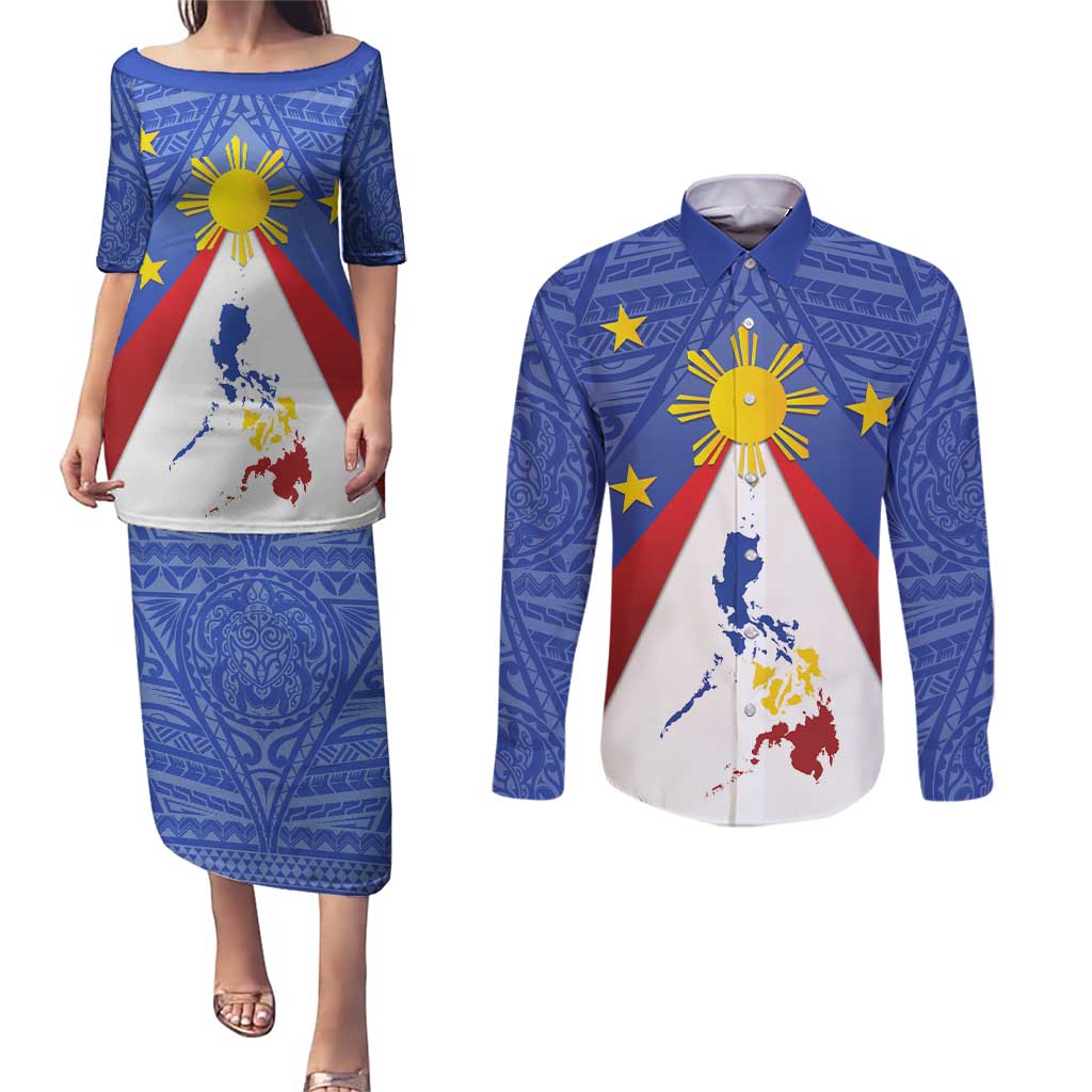 Personalized Pilipinas Eight-Rayed Sun Couples Matching Puletasi and Long Sleeve Button Shirt Philippines Map With Polynesian Style LT9 - Wonder Print Shop