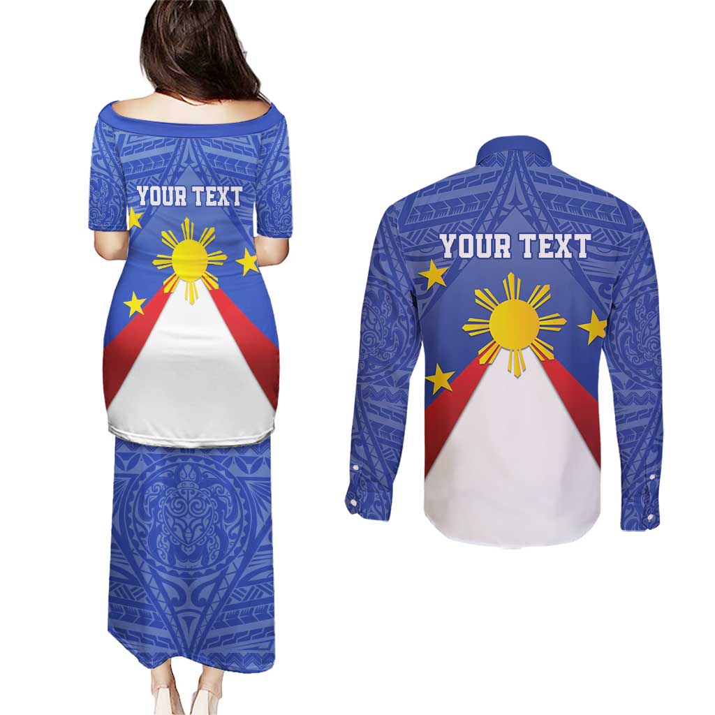 Personalized Pilipinas Eight-Rayed Sun Couples Matching Puletasi and Long Sleeve Button Shirt Philippines Map With Polynesian Style LT9 - Wonder Print Shop