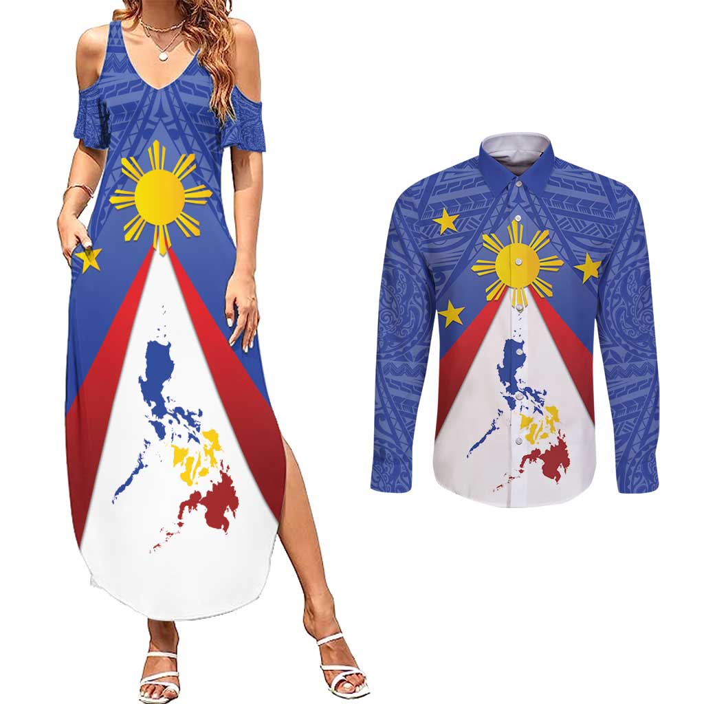 Personalized Pilipinas Eight-Rayed Sun Couples Matching Summer Maxi Dress and Long Sleeve Button Shirt Philippines Map With Polynesian Style LT9 - Wonder Print Shop