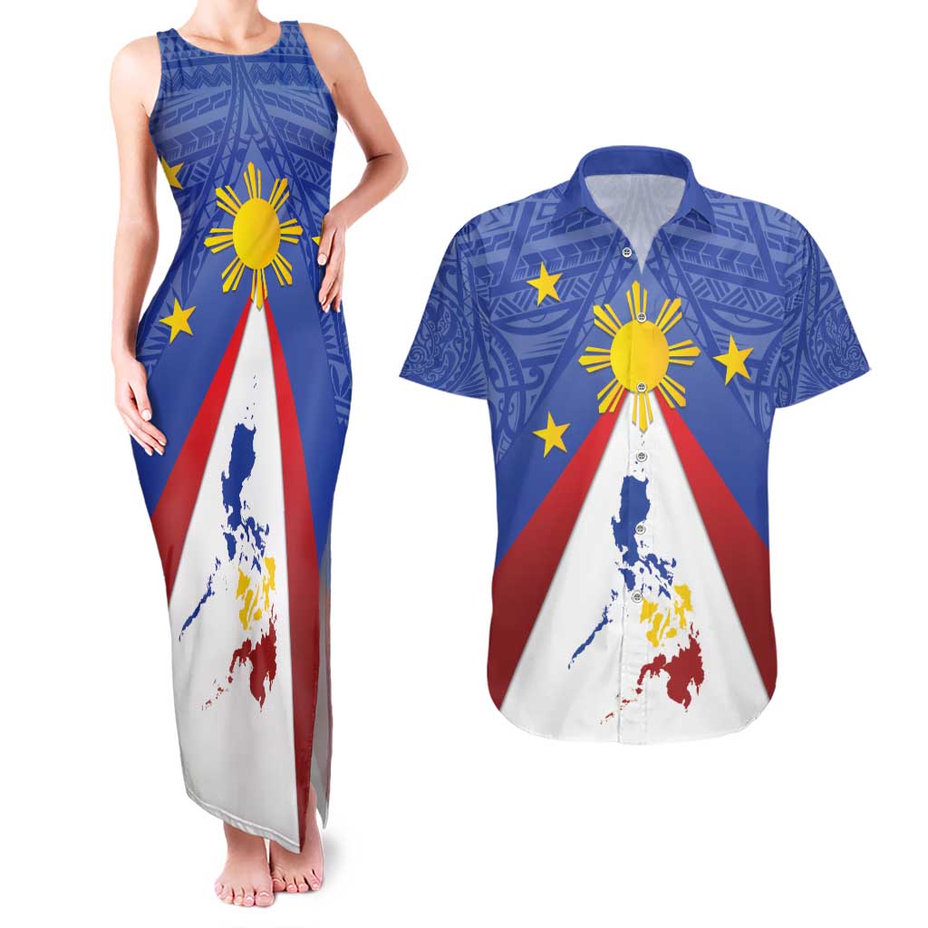 Personalized Pilipinas Eight-Rayed Sun Couples Matching Tank Maxi Dress and Hawaiian Shirt Philippines Map With Polynesian Style LT9 - Wonder Print Shop
