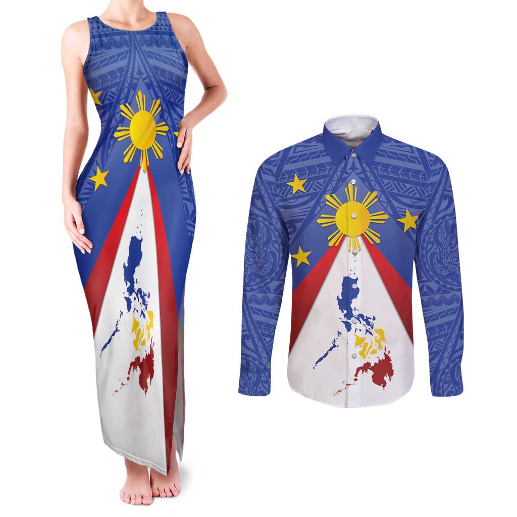 Personalized Pilipinas Eight-Rayed Sun Couples Matching Tank Maxi Dress and Long Sleeve Button Shirt Philippines Map With Polynesian Style LT9 - Wonder Print Shop