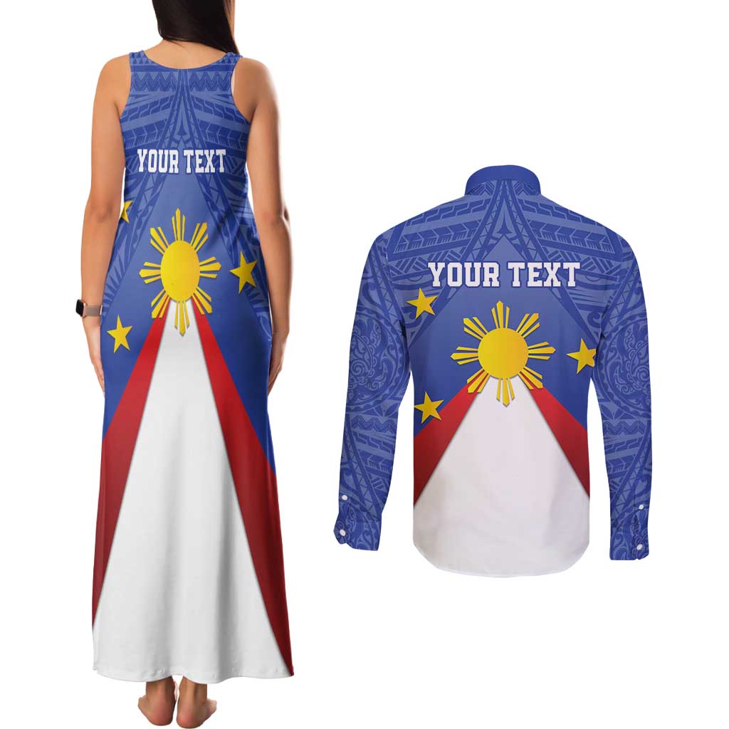 Personalized Pilipinas Eight-Rayed Sun Couples Matching Tank Maxi Dress and Long Sleeve Button Shirt Philippines Map With Polynesian Style LT9 - Wonder Print Shop