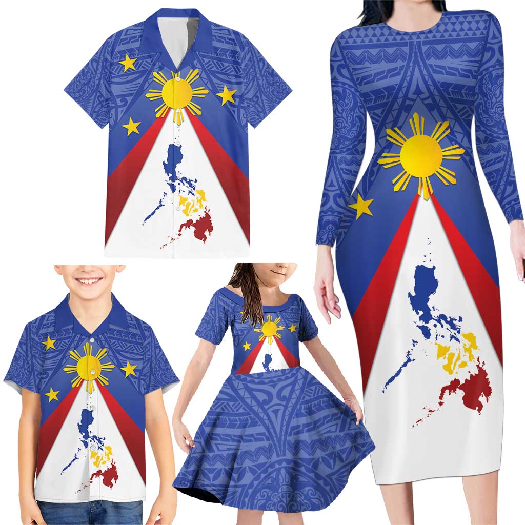Personalized Pilipinas Eight-Rayed Sun Family Matching Long Sleeve Bodycon Dress and Hawaiian Shirt Philippines Map With Polynesian Style LT9 - Wonder Print Shop