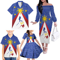 Personalized Pilipinas Eight-Rayed Sun Family Matching Off The Shoulder Long Sleeve Dress and Hawaiian Shirt Philippines Map With Polynesian Style - Wonder Print Shop