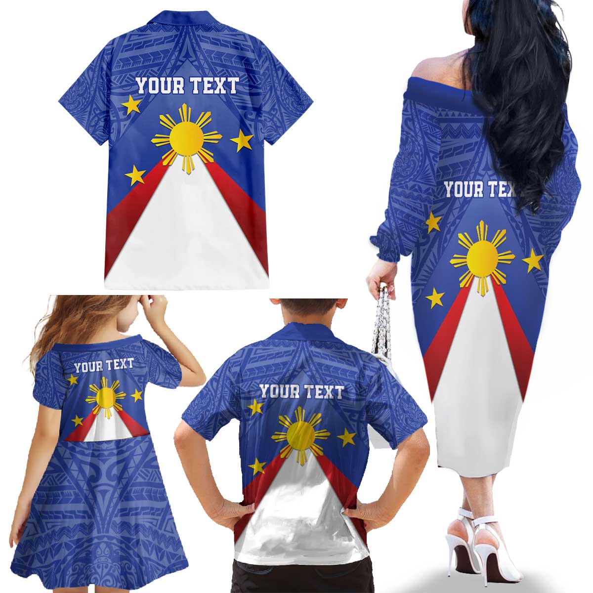 Personalized Pilipinas Eight-Rayed Sun Family Matching Off The Shoulder Long Sleeve Dress and Hawaiian Shirt Philippines Map With Polynesian Style - Wonder Print Shop