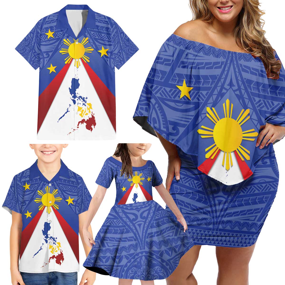 Personalized Pilipinas Eight-Rayed Sun Family Matching Off Shoulder Short Dress and Hawaiian Shirt Philippines Map With Polynesian Style LT9 - Wonder Print Shop