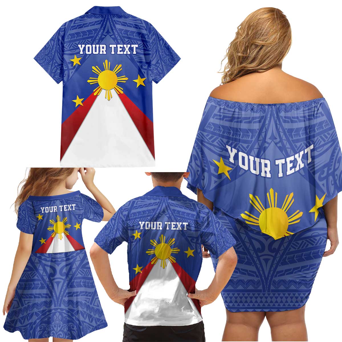 Personalized Pilipinas Eight-Rayed Sun Family Matching Off Shoulder Short Dress and Hawaiian Shirt Philippines Map With Polynesian Style LT9 - Wonder Print Shop