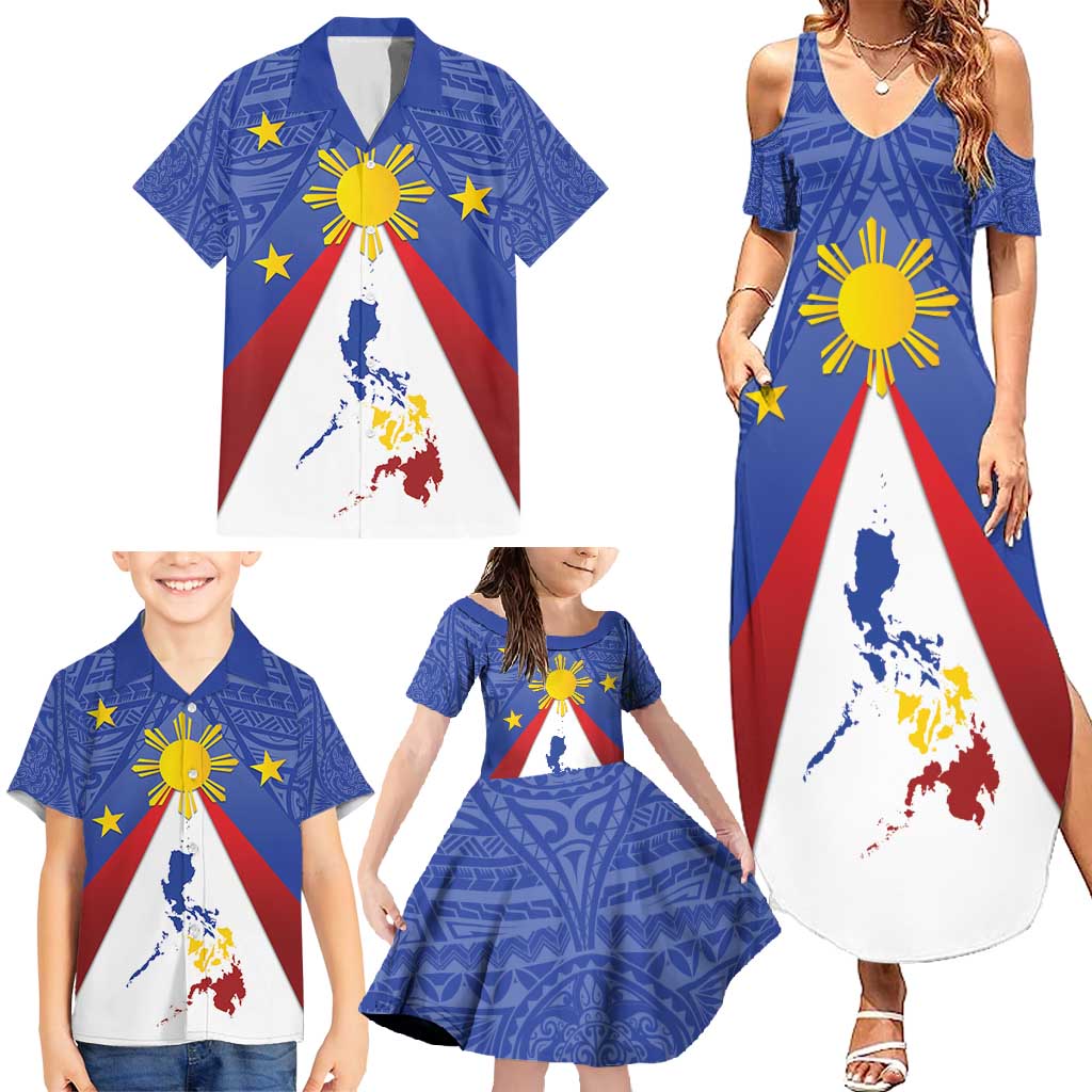 Personalized Pilipinas Eight-Rayed Sun Family Matching Summer Maxi Dress and Hawaiian Shirt Philippines Map With Polynesian Style - Wonder Print Shop