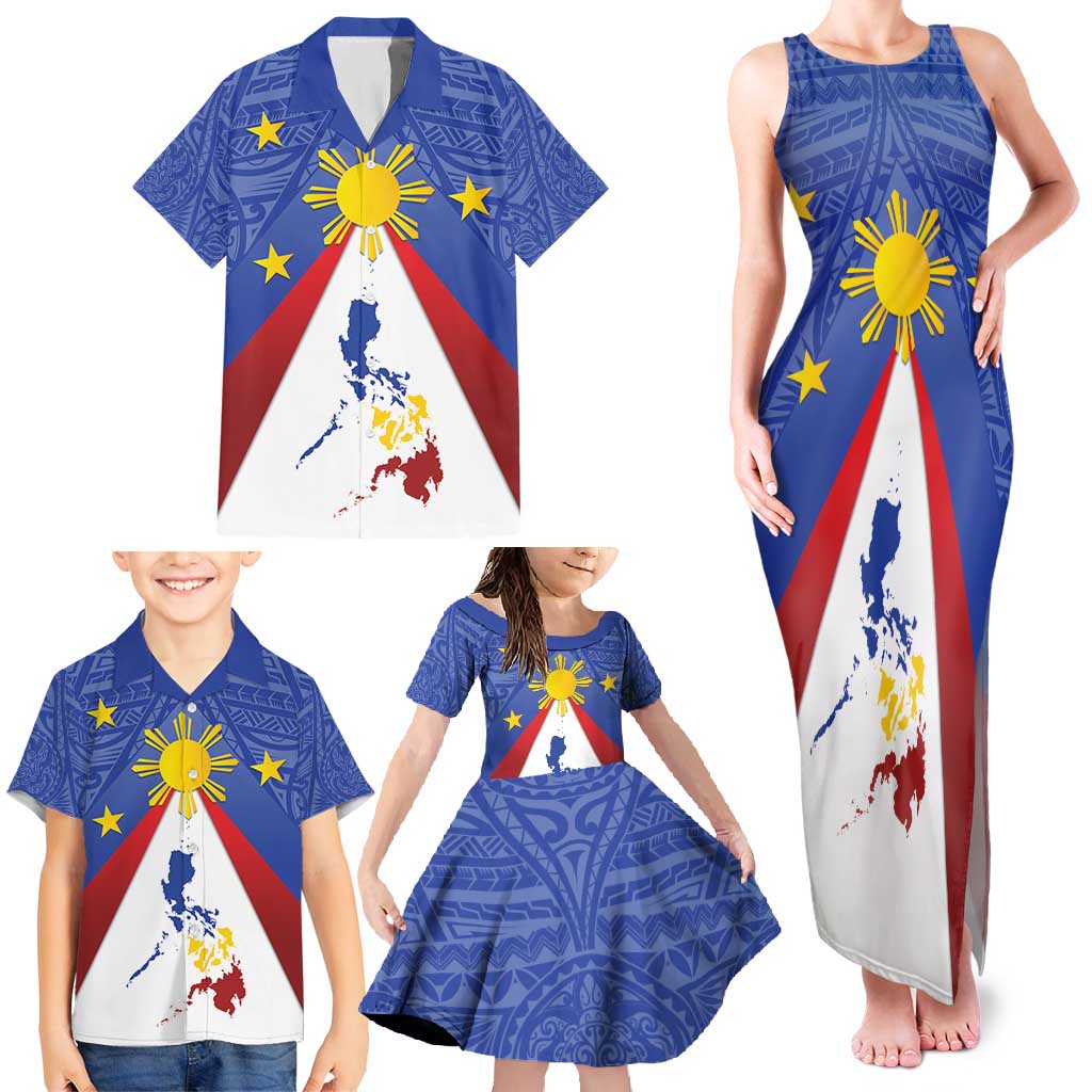 Personalized Pilipinas Eight-Rayed Sun Family Matching Tank Maxi Dress and Hawaiian Shirt Philippines Map With Polynesian Style - Wonder Print Shop