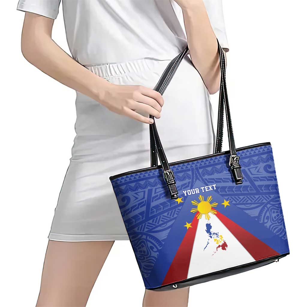 Personalized Pilipinas Eight-Rayed Sun Leather Tote Bag Philippines Map With Polynesian Style - Wonder Print Shop