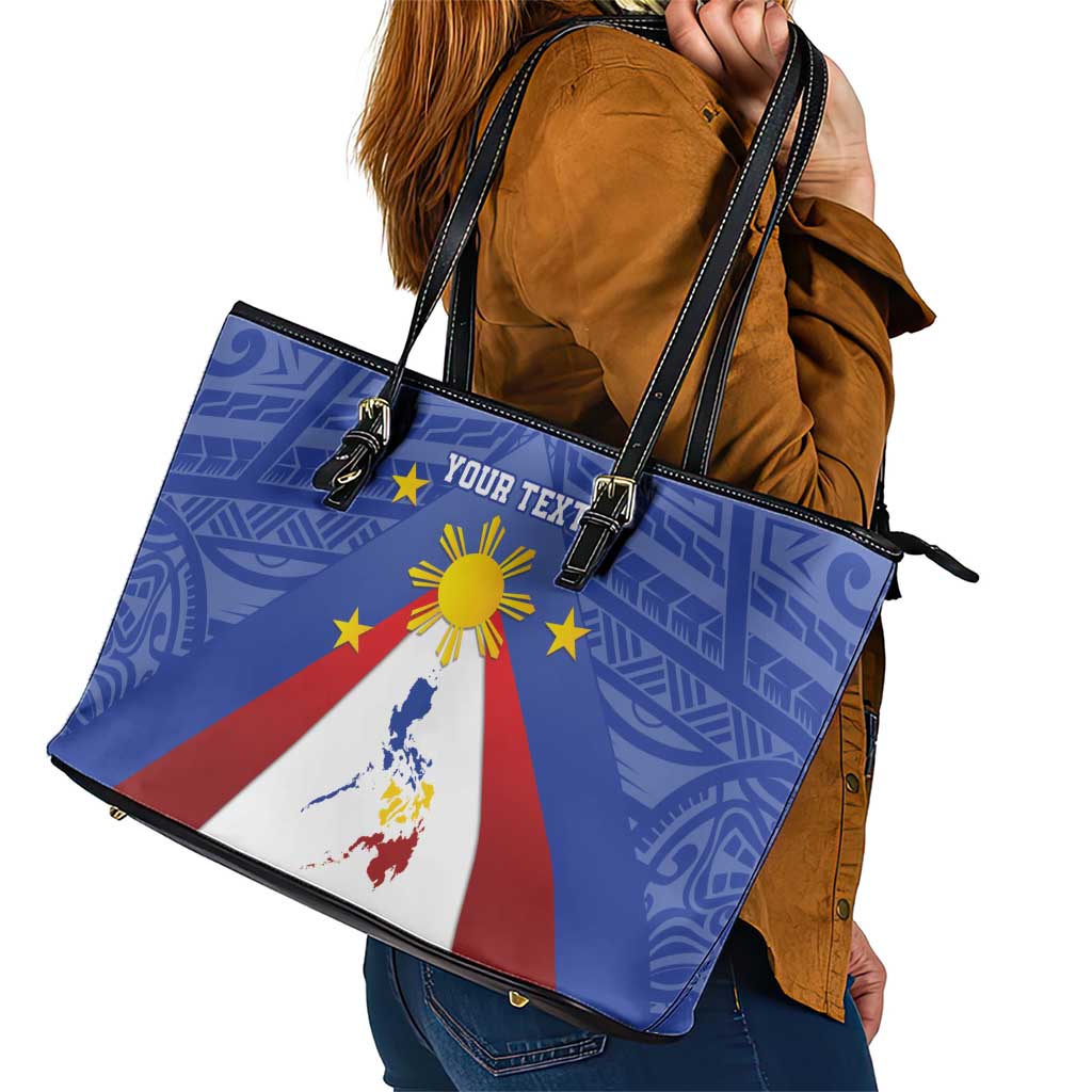 Personalized Pilipinas Eight-Rayed Sun Leather Tote Bag Philippines Map With Polynesian Style - Wonder Print Shop