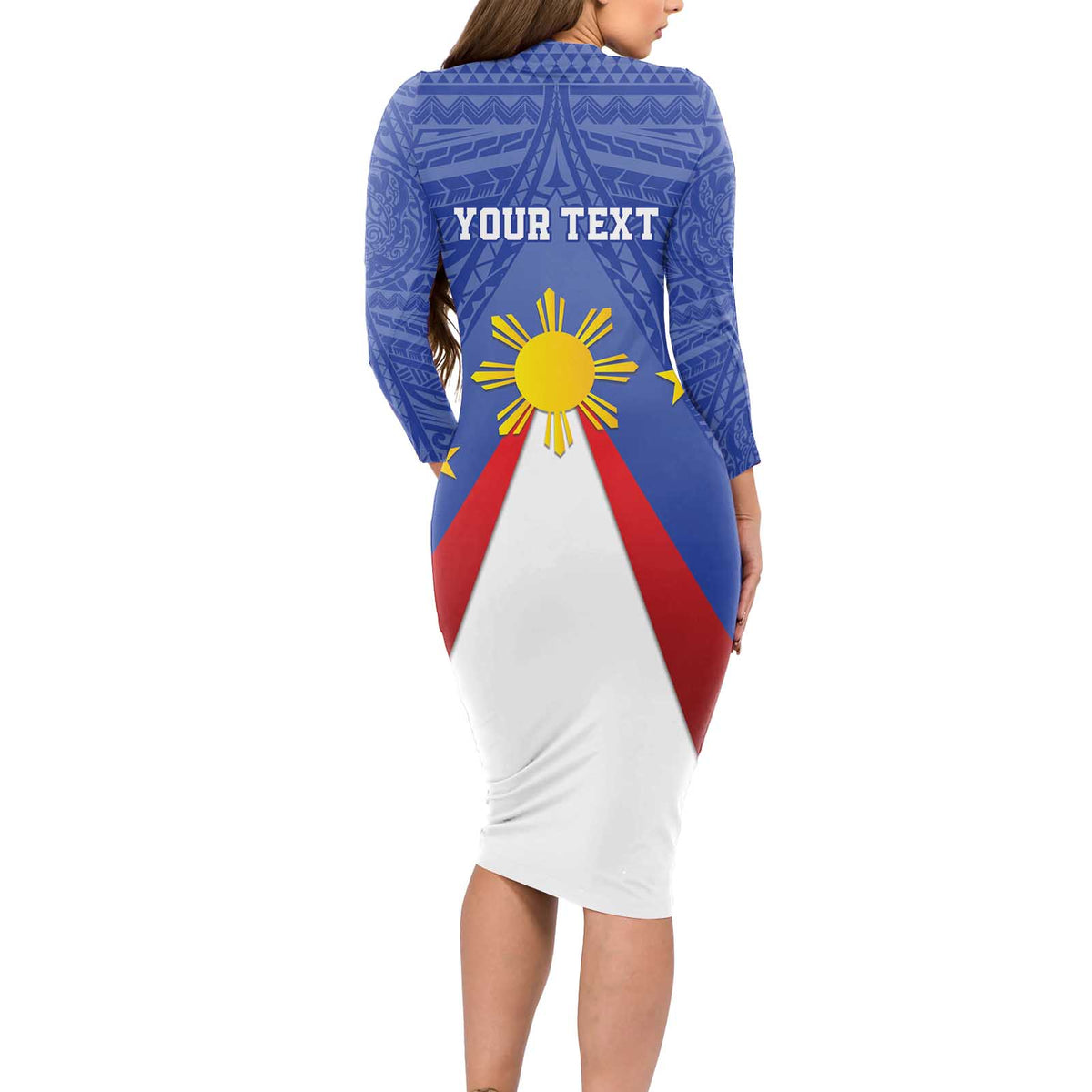 Personalized Pilipinas Eight-Rayed Sun Long Sleeve Bodycon Dress Philippines Map With Polynesian Style - Wonder Print Shop