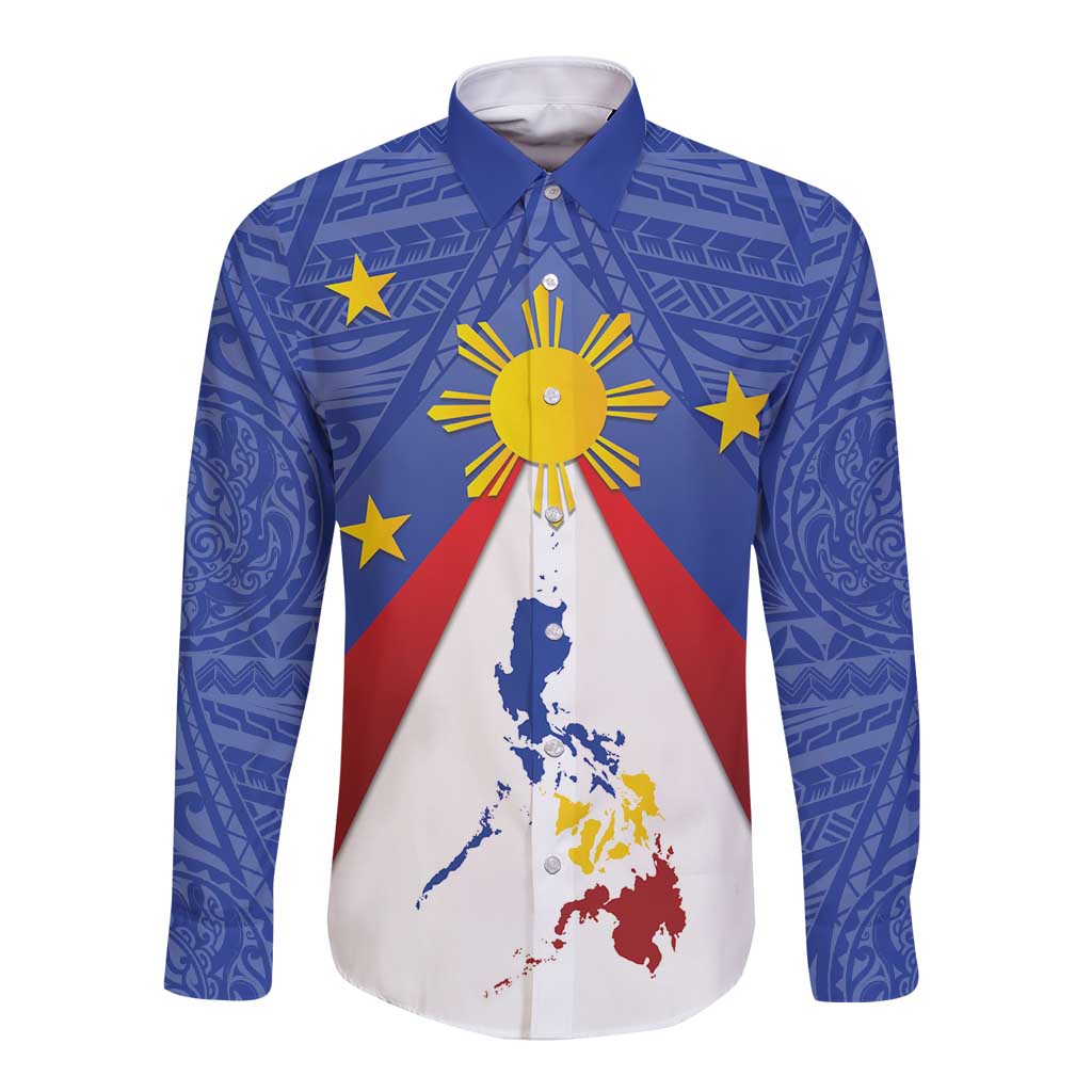 Personalized Pilipinas Eight-Rayed Sun Long Sleeve Button Shirt Philippines Map With Polynesian Style - Wonder Print Shop